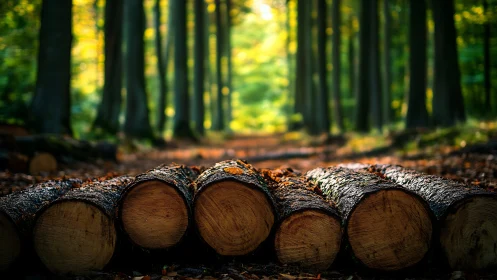 Cross-sectioned timber logs in temperate beech forest with backlighting
