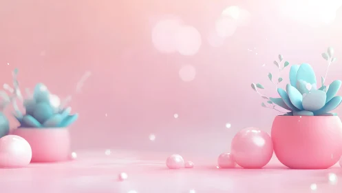 Pastel Blue Succulents in Pink Pots, Soft Minimalist Art.