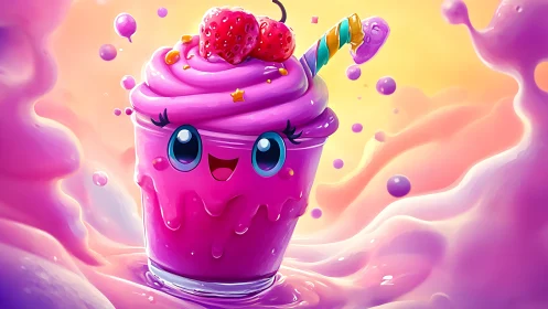 Stylized beverage cup with anthropomorphic features and layered confectionery topping.