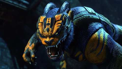 Armored alien tiger creature roaring in a dark cavern.
