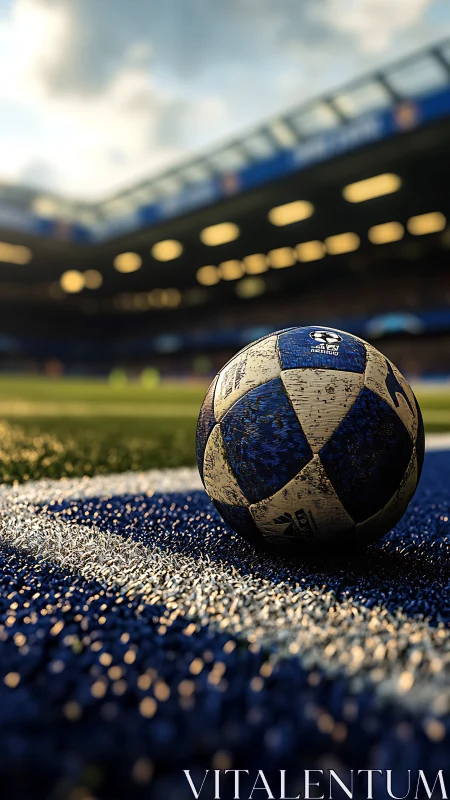 Weathered blue soccer ball on stadium sideline turf.