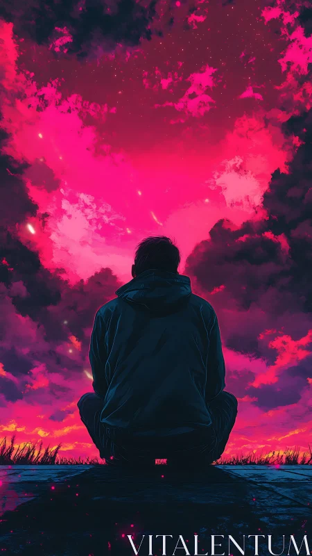 Solitary figure observing neon magenta celestial storm.