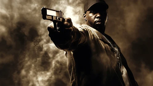 Low-key portrait isolates handgun muzzle with dramatic foreshortening