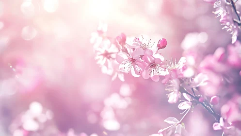 Selective focus captures soft pink blossom branch in diffuse light