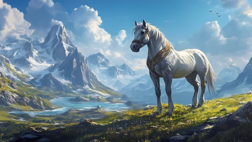White warhorse in alpine valley under towering glacial peaks