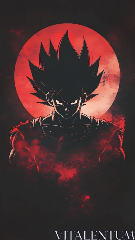 Saiyan warrior silhouette under blood red celestial halo.