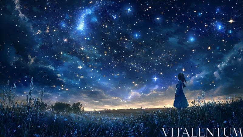 Girl in twilight meadow studies vast luminous starry sky
