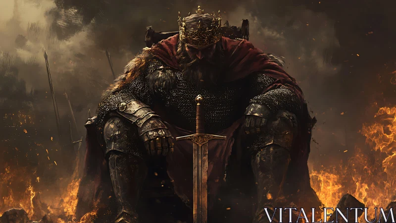 Battle-worn king broods on a fiery throne of ruin.