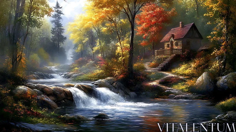 Autumn river cottage glowing in misty woodland enchantment.