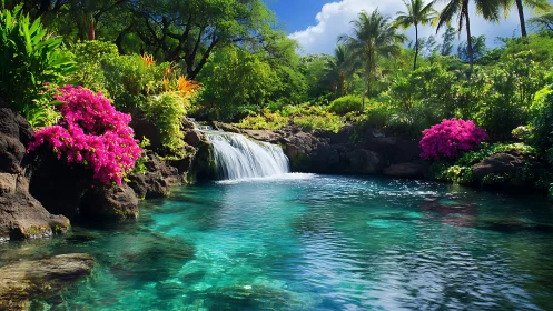Tropical waterfall flows into clear turquoise pool