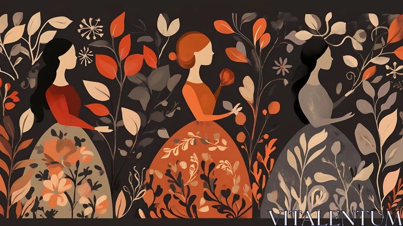 Three Elegant Women in Autumn Dresses, Modern Folk Art Style.