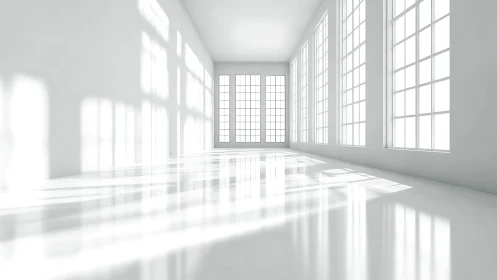 Sunlit white interior renders elongated window-grid reflections