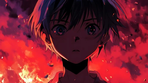 Shocked anime boy stands against blazing red inferno backdrop