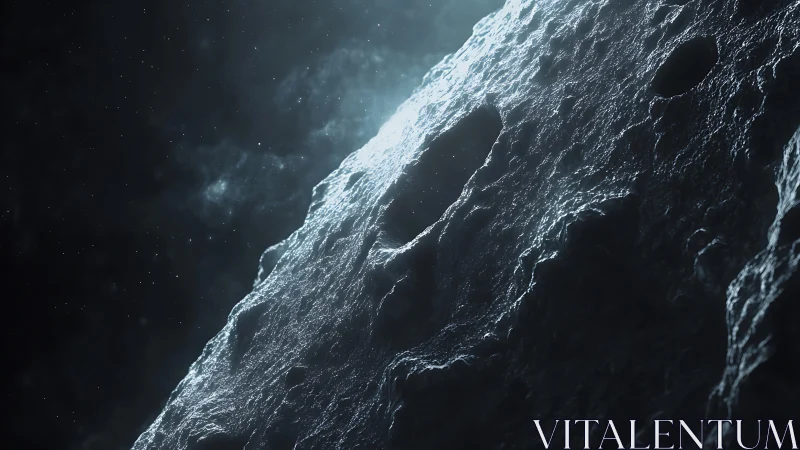 Rugged cratered asteroid surface in deep space light.