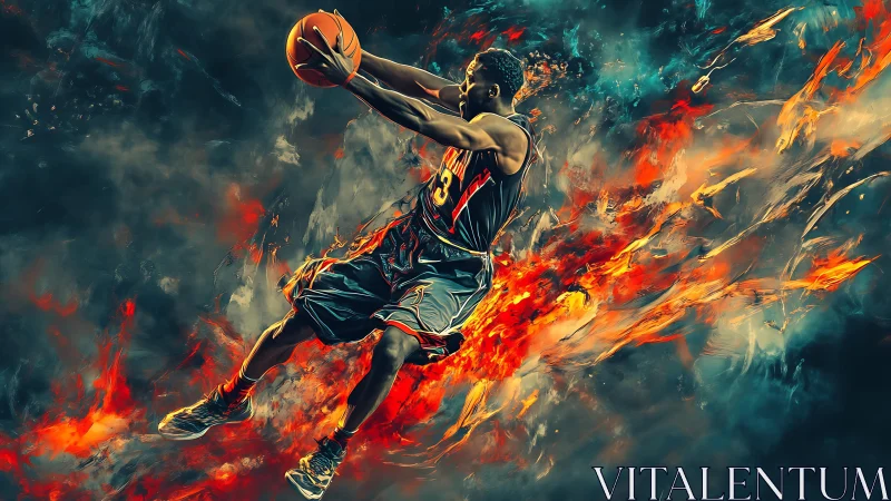 Dynamic basketball dunk rendered with flame‑trail motion effects