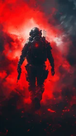 Futuristic combat operative strides through red vapor field.