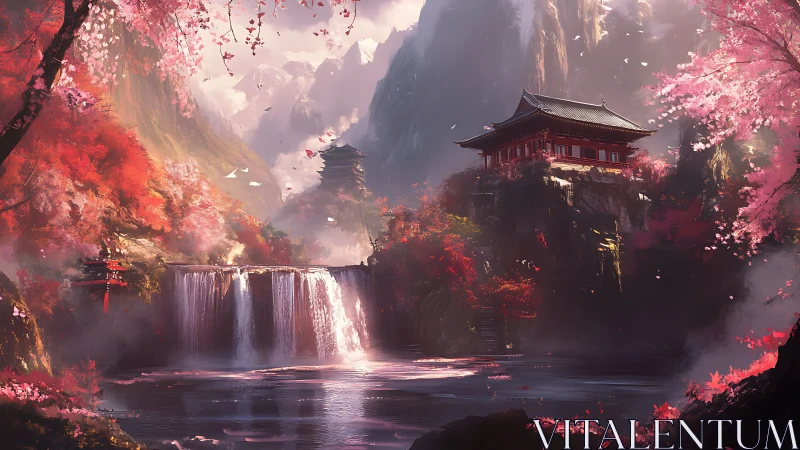 Crimson mountain temple above cascading waterfall in spring light.
