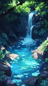 Stylized forest waterfall pours into luminous turquoise pool