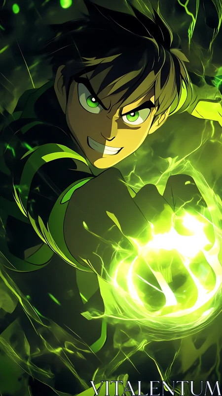 Dynamic anime hero channels concentrated green plasma energy