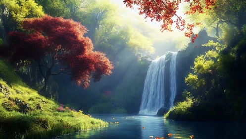 Whispering waterfall glows beneath crimson forest canopy.