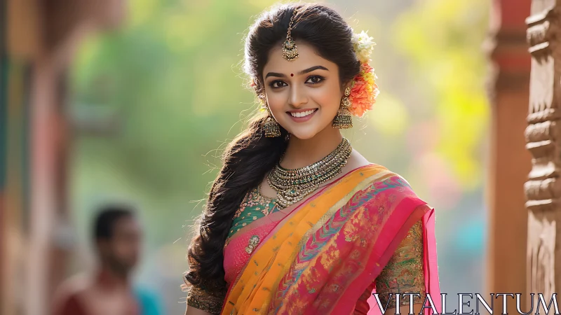 Portrait captures richly adorned woman in vivid silk saree outdoors