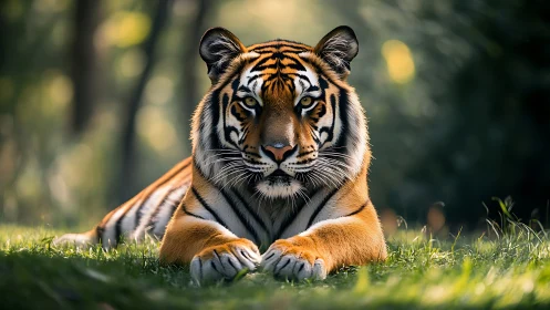 Photorealistic tiger portrait in shallow-depth forest setting.