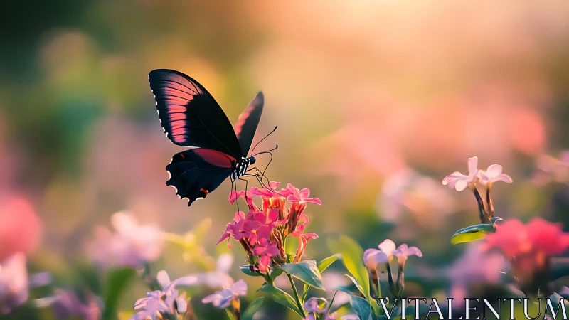Black butterfly on pink flowers in luminous bokeh garden.