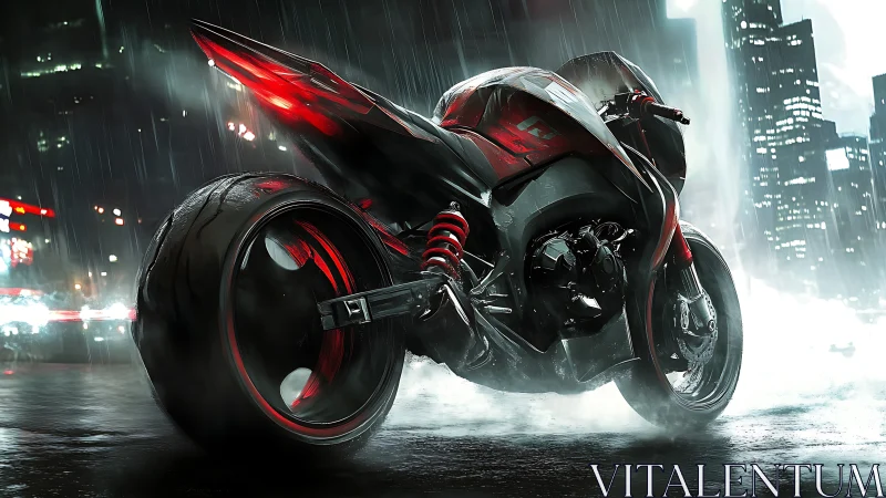 Aerodynamic cyberbike with wide rear tire in rainy neon city