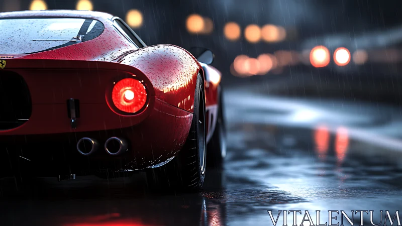 Red sports car rear view on wet night city road.