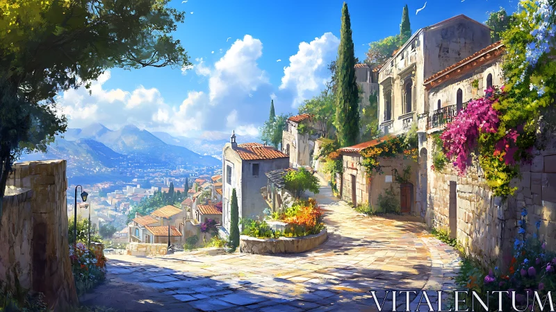 Mediterranean hillside street with stone houses and flora.