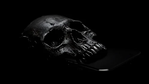 Black skull sculpture rests on smartphone under hard light