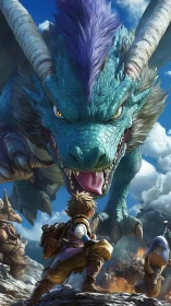 Young fantasy adventurer faces massive blue dragon head on.