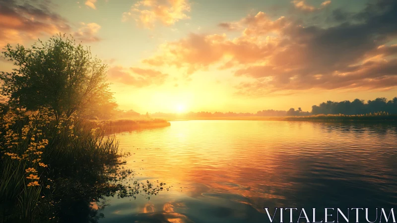 Saturated river sunset with volumetric light and specular ripples
