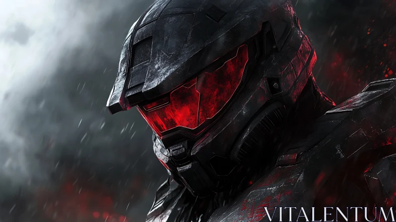 Armored sci fi soldier dominates storm with crimson visor