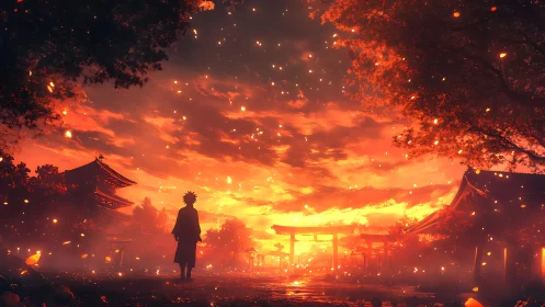 Ember-bright pilgrim strolls through a shrine of burning sky