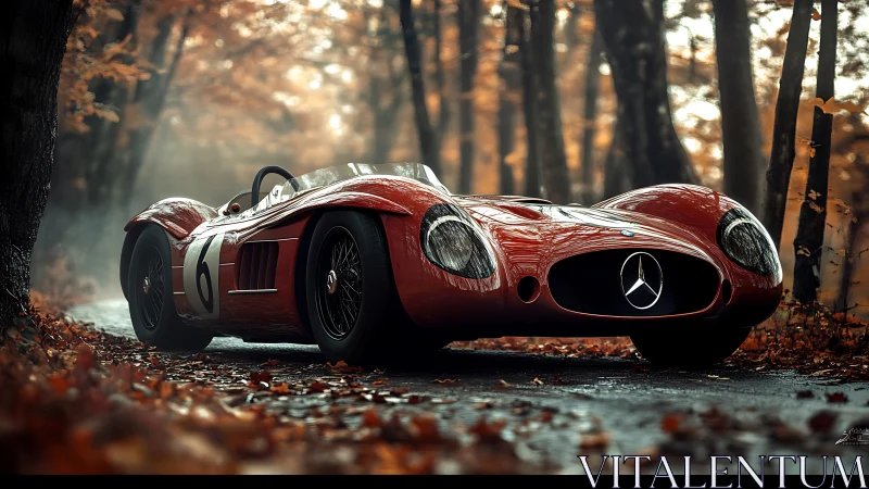 Red vintage Mercedes race car parked on wet forest road