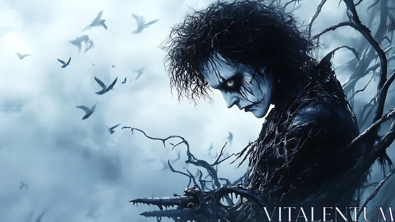 Dark creature with glowing eyes in twisted winter branches.