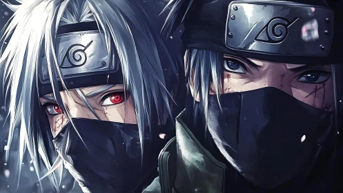 Dual masked warriors rendered in high-contrast anime realism