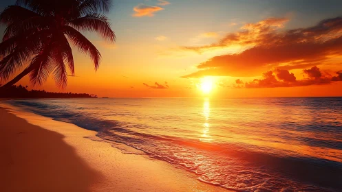 Sunset paints the palm-lined shoreline in molten citrus light