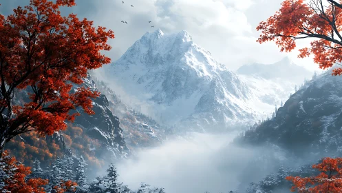 Snow-crowned mountain rises above a misty crimson valley