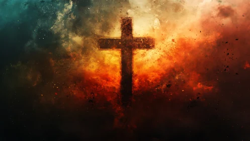 Radiant cross rises calmly from glowing stormy clouds