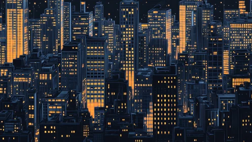 Nocturnal high-rise grid with amber-lit windows and towers.