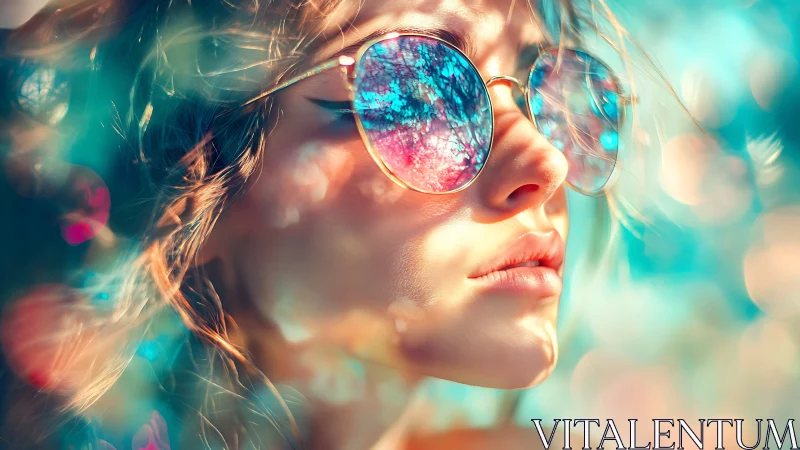 Prismatic portrait of woman in mirrored sunglasses, bokeh glow.