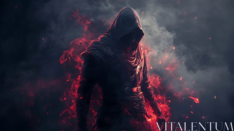 Hooded fire-wreathed assassin emerges from swirling shadow