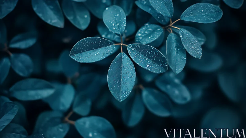 Raindrops on teal foliage in soft cinematic focus.