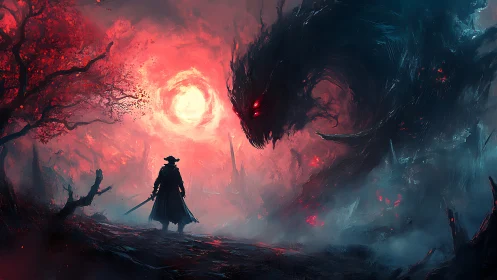 Silhouetted swordsman confronts colossal red-eyed void entity at dusk
