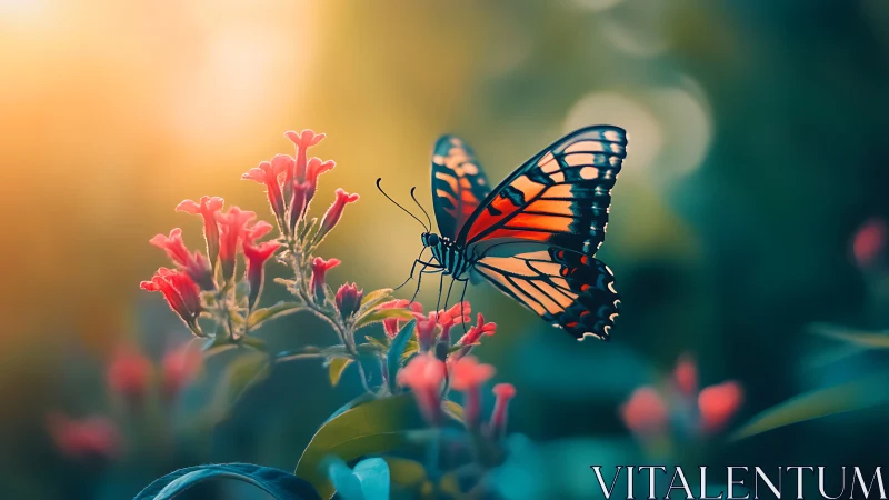 Butterfly on tubular flowers in shallow depth of field scene.