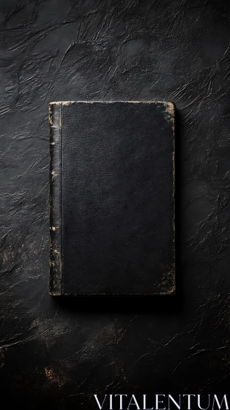 Worn black journal resting on a dark, story-filled table.