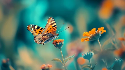 Butterfly rests on orange flower within shallow focus field