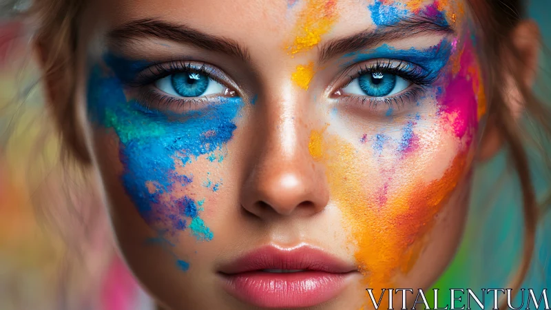 Close-up portrait of woman with vivid colorful face paint.